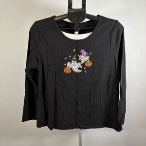VTG Womens XL Halloween Ghost Embroidered Long Sleeve 90s Y2K Black Kmart Granny